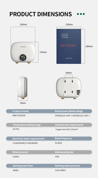 Briwellna Streamline Tankless Electric Water Heater 110V/220V Under Sink Instant Hot Water Oversink Instantaneous Water Heater