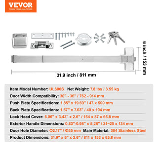 Push Bar Door Locks Stainless Steel Panic Bars for Exit Doors with Exterior Lever Push Bar Panic Exit Device Door Hardware