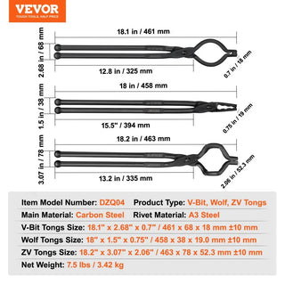 Forged Pliers Blacksmith Tongs 18''V-Bit Bolt Tongs Wolf Jaw Tongs ZV-Bit Tongs and Gripping Tongs Carbon Steel Forge Tong