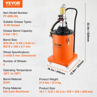 3/5/10.5 Gallon Grease Pump Air Operated with Hose Pneumatic Grease Bucket Gun and Wheels for Cars 50:1 Pressure Ratio