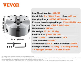 3-Jaw Lathe Chuck 100/125/160/200/250 mm Self-Centering Lathe Chuck Multiple Clamping Range for Lathe 3D Printer Machining