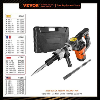 1400W Demolition Jack Hammer Electric Jackhammer Heavy Duty 2900 BPM Concrete Breaker 2pcs Chisels Bits Chipping