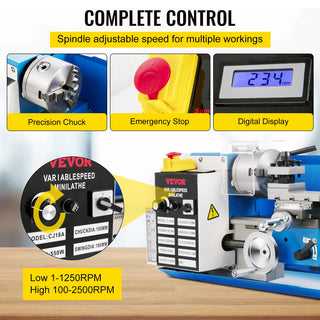 Mini Metal Lathe Machine 7"x14" Benchtop Digital Display 550W Variable Speed with 3-jaw Chuck for Metal Turning Threading