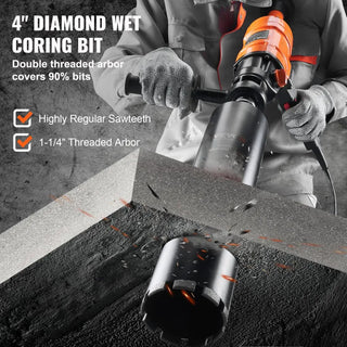 Diamond Core Drilling Machine  4in Handheld Wet Concrete Core Drill Rig  1100-2400RPM Two Speed 1-1/4" Thread