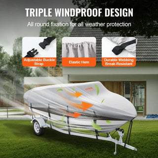 Boat Cover Trailerable Waterproof with Motor Cover Buckle Straps for V-Hull Tri-Hull Fish Ski Boat Runabout Bass Boat