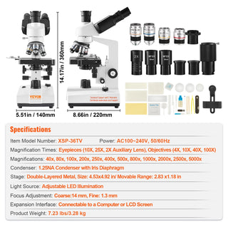 Compound Trinocular Microscope 40X-2500/40X-5000X Magnification Lab Microscope with LED Illumination & External Interface