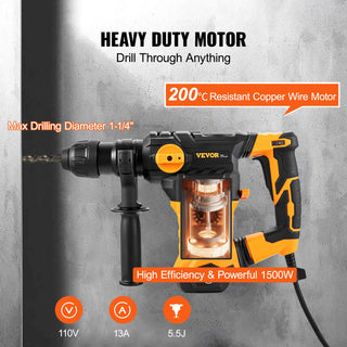 1500W Rotary Hammer Drill Max Drilling 32mm 4 Modes SDS-Plus Corded Demolition Chipping Metal Concrete Breaker Jackhammer