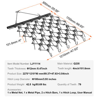 Drag Harrow 4ftx5.6ft Heavy-Duty Chain Harrow with 69 Teeth ATV UTV Tractor Attachments Field Drag Mat for Sod Prepping