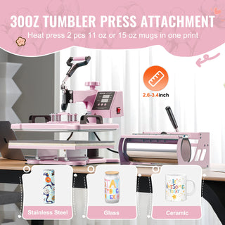 Heat Press Machine 12 x 15 inch  8 in 1 Heat Transfer Machine 360° Swing Away T-Shirt for T-Shirts/Mugs/Hats/Plates Pink