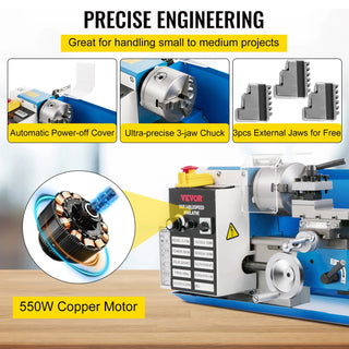 Mini Metal Lathe Machine 7"x14" Benchtop Digital Display 550W Variable Speed with 3-jaw Chuck for Metal Turning Threading