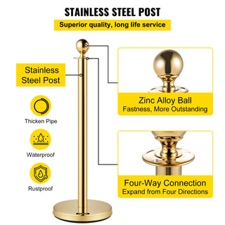 Gold Crowd Control Barrier 5 ft/1.5 m Elegant Velvet Ropes and Posts Stainless Steel Stanchion with Ball Top 2/4/6 PCS