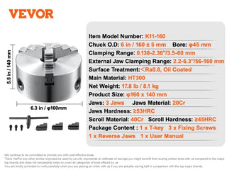 3-Jaw Lathe Chuck 100/125/160/200/250 mm Self-Centering Lathe Chuck Multiple Clamping Range for Lathe 3D Printer Machining