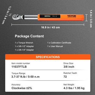 3/8" 1/2" Digital Torque Wrench Drive Electronic Torque Wrench Torque Wrench Kit 3.7-37/25-250ft.lb Torque Accurate Range