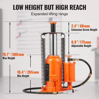 Air Hydraulic Bottle Jack, 20 Ton/40000 LBS All Welded Bottle Jack, 265 - 500 mm Lifting Range, Manual Handle and Air Pump