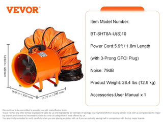 Portable Ventilator 8 inch Heavy Duty Cylinder Fan w/ 33/16.4ft Hose11070CFM for Sucking Dust Smoke Smoke Home/Workplace