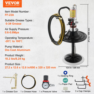 Grease Pump 50:1 Pressure Ratio Air Operated with 13 ft High Hose Barrel Cap and Lubrication 360° Grease Gun Head for Cars