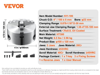 3-Jaw Lathe Chuck 100/125/160/200/250 mm Self-Centering Lathe Chuck Multiple Clamping Range for Lathe 3D Printer Machining