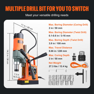 1450W Magnetic Drill 2" Boring Diameter 12500/12800N Portable Electric Mag Drill Press 800 RPM Magnetic Drilling Machine