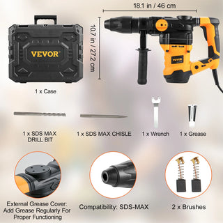 1600W Rotary Hammer Drill Max Drilling 42mm 3 Modes SDS Max Corded Demolition Chipping Metal Concrete Breaker Jackhammer