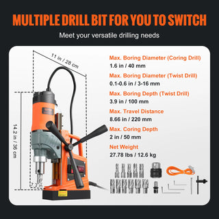 1450W Magnetic Drill 2" Boring Diameter 12500/12800N Portable Electric Mag Drill Press 800 RPM Magnetic Drilling Machine