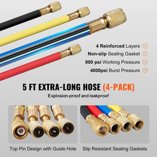 AC Gauge - AC Manifold Gauge Set for R134A R22 R12 R410A Refrigerant,Freon Gauges with 5ft Hoses, Couplers, Can Tap