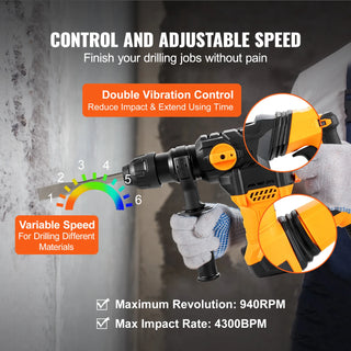 1500W Rotary Hammer Drill Max Drilling 32mm 4 Modes SDS-Plus Corded Demolition Chipping Metal Concrete Breaker Jackhammer