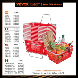 12PCS Shopping Basket 21L Plastic Grocery Basket with Handle & Stand Portable Shop Bulk Used for Retail Store Supermarket