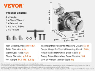 Precision Milling Rotary Table 4''/ 100 mm, Horizontal Vertical Model with 3-Jaw Chuck Indexing Tools for Milling Machines