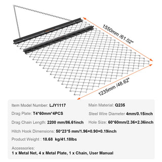 Drag Harrow 4' x 5' ATV Chain Harrow Q235 Steel UTV Tractor Attachments Field Drag Mat for Landscape Leveling or Prepping