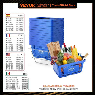 12pcs Shopping Basket 24L Plastic Grocery Basket with Handle Stand Portable Shop Basket Bulk Used for Store Supermarket