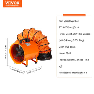 Portable Ventilator 254mm Cylinder Fan with 10m Duct Hose, 300W Strong Shop Exhaust Blower  for Sucking Dust Smoke