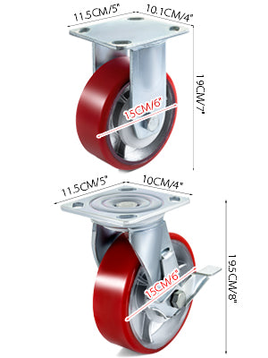 4 Pack 6" x 2" Heavy Duty Iron Core Polyurethane 2 Rigid and 2 Swivel Casters  With Side Brake 1000LBS Capacity Per Wheel