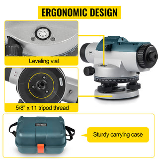 Automatic Optical Level 24X & 26X 40 mm Aperture Auto Level Kit with Magnetic Dampened Compensator and Transport Lock