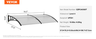 Window Door Awning Canopy 3 Sizes UPF 50+ Polycarbonate Entry Window Awning Front Door Overhang Awning for Sun Shutter