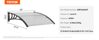 Window Door Awning Canopy 3 Sizes UPF 50+ Polycarbonate Entry Window Awning Front Door Overhang Awning for Sun Shutter