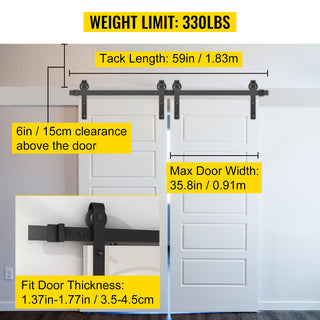 6FT-10FT Classic Rail Sliding Barn Door Kit Double Doors Single Track Hardware Sliding Door Track Kit Wheel Track System