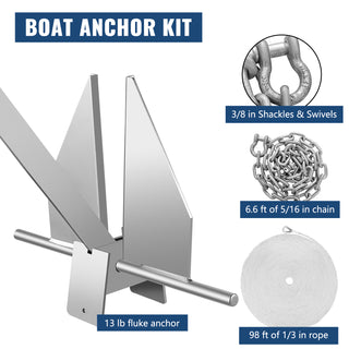 13 LB / 6 KG Boat Fluke Anchor Kit Fit for Smaller 20-32 FT Boats with 98 FT Nylon Rope Chain 2 PCS Shackles and Swivels