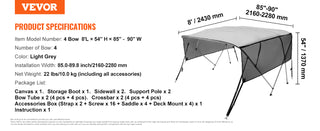 4 Bow Bimini Top Boat Cover Detachable Mesh Sidewalls Polyester Canopy Aluminum Alloy Frame For Boat