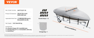 Boat Cover Trailerable Waterproof with Motor Cover Buckle Straps for V-Hull Tri-Hull Fish Ski Boat Runabout Bass Boat