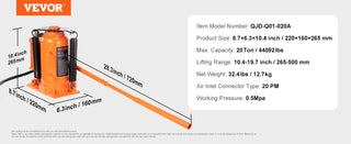 Air Hydraulic Bottle Jack, 20 Ton/40000 LBS All Welded Bottle Jack, 265 - 500 mm Lifting Range, Manual Handle and Air Pump