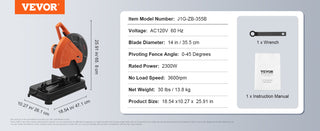 2300W Abrasive Chop Saw 14"/355mm Blade Diameter Cut Off Saw Steel Cutting Machine 0-45° Adjustable Angle Miter Saw