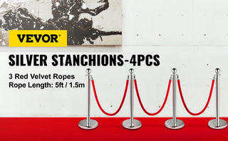 38Inch 4pcs Silver Stanchion Posts Queue Red Velvet Rope Crowd Control Line Barriers with Stable Base for Party Supplies