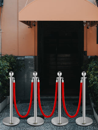 38Inch 4pcs Silver Stanchion Posts Queue Red Velvet Rope Crowd Control Line Barriers with Stable Base for Party Supplies