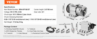 Dividing Head K11-100mm 3-Jaw Chuck 2.6"/65 mm Center Height MT2 Tailstock 6:1 Gear Ratio Universal for Milling Engraving