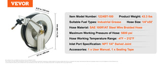 33/50/66ft Fuel Hose Reel Extra Long Retractable Spring Driven Auto Swivel Rewind for Auto Repair Heavy Industries