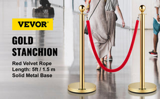 Gold Crowd Control Barrier 5 ft/1.5 m Elegant Velvet Ropes and Posts Stainless Steel Stanchion with Ball Top 2/4/6 PCS