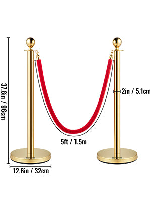 Gold Crowd Control Barrier 5 ft/1.5 m Elegant Velvet Ropes and Posts Stainless Steel Stanchion with Ball Top 2/4/6 PCS