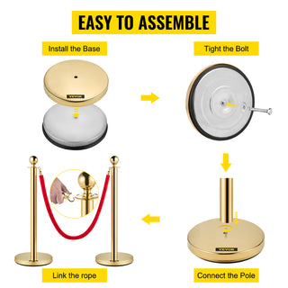 Gold Crowd Control Barrier 5 ft/1.5 m Elegant Velvet Ropes and Posts Stainless Steel Stanchion with Ball Top 2/4/6 PCS