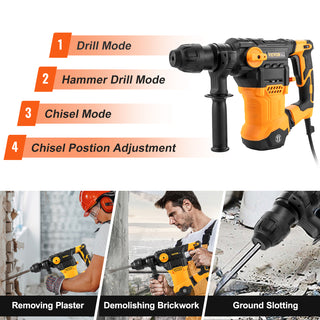 1500W Rotary Hammer Drill Max Drilling 32mm 4 Modes SDS-Plus Corded Demolition Chipping Metal Concrete Breaker Jackhammer