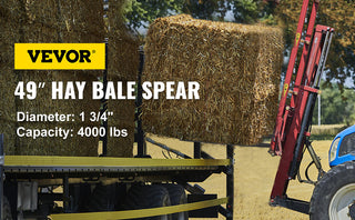 Hay Spear Spears 49" Spike 4000 lbs Attach Square Hay Bale Spears 2 Pics Forks w/Hex Nut & Sleeve for Tractors Loaders